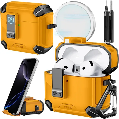 Vista 29 de Inesore Funda para AirPods Pro 1ª/2ª con bloqueo seguro (verde oscuro) Cubierta magnética de bloqueo automático con soporte para teléfono y kit