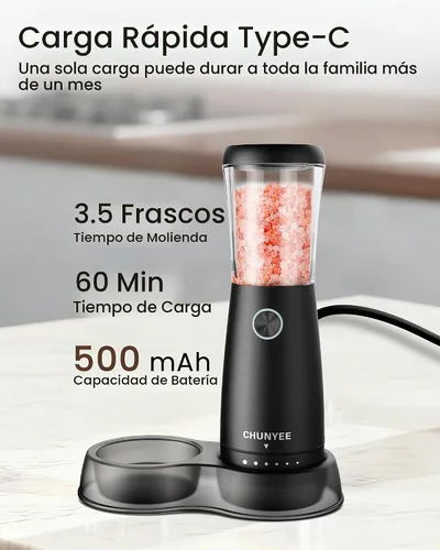 Vista 5 de Juego de molinillo eléctrico de sal y pimienta, juego de molinillo automático de sal y pimienta recargable de acero inoxidable con base de Negro