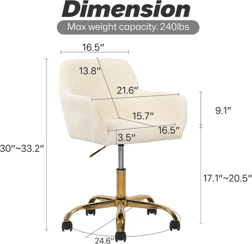 Vista 2 de KCC Silla de Tocador de Maquillaje de Tela de Pana, Sillón Giratorio Esponjoso Moderno con Ruedas, Tapizada Mullida de Altura Ajustable para Niñas
