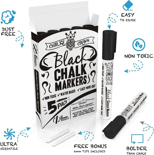 Vista 2 de CHALKY CROWN Rotulador de tiza líquida – Marcador de borrado en seco – Marcadores de tiza para letreros de pizarra, ventanas, pizarra, vidrio – Negro