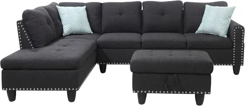 Vista 5 de EMKK Sofá modular de 3 piezas, juego de muebles de sala de estar, sofá esquinero tapizado de 5 plazas en forma de L, 1 diván gris oscuro