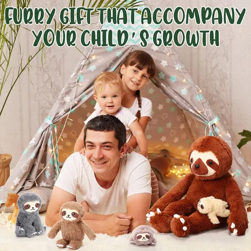 Vista 7 de Kasyat Juego de 5 juguetes de peluche de perezoso de 13 pulgadas con 4 lindos peluches de bebé en vientre con cremallera para niños, regalos