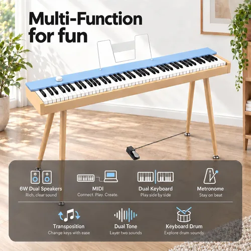 Vista 3 de Piano digital para principiantes, teclado semi ponderado de 88 teclas Azul claro