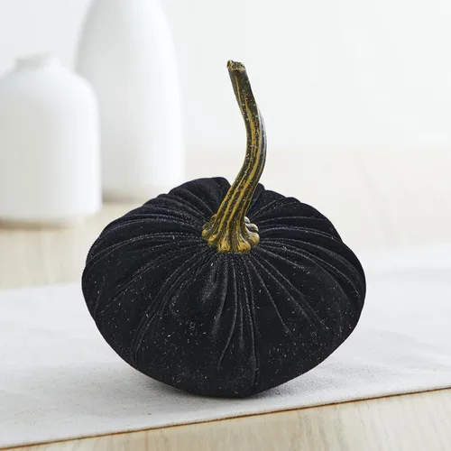 Vista 4 de Juego de 4 pequeñas calabazas de franela de terciopelo y algodón, decoración a cuadros de búfalo blanco y negro, estantes de calabaza negra