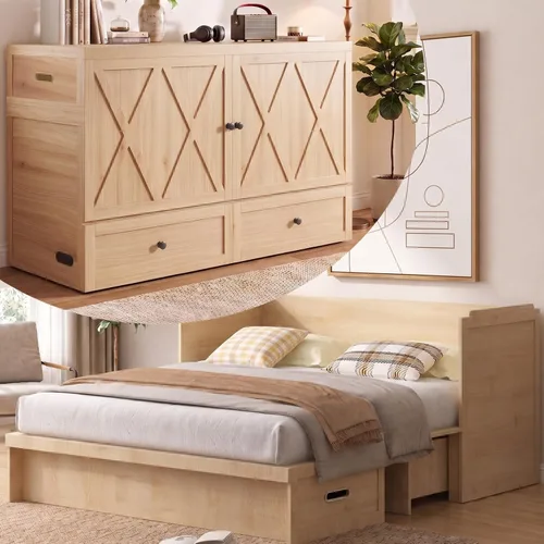 Vista 11 de Mjkone Murphy Bed Queen Size, Cabinet Bed with Built-in USB Charging Station & Storage Drawers, Hidden Queen Murphy Wall Beds Cabinet Beds No