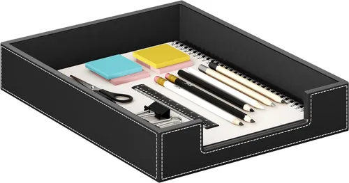 Vista 2 de Bandeja de cuero para cartas, elegante organizador de escritorio para suministros de oficina, correo, papel, archivo, revista, ahorro de espacio