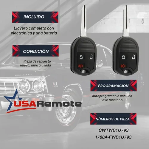Vista 3 de Llavero remoto de entrada sin llave para llave de auto compatible con Ford, Lincoln, Mercury, Mazda (CWTWB1U793 3 botones) - Programación garantizada