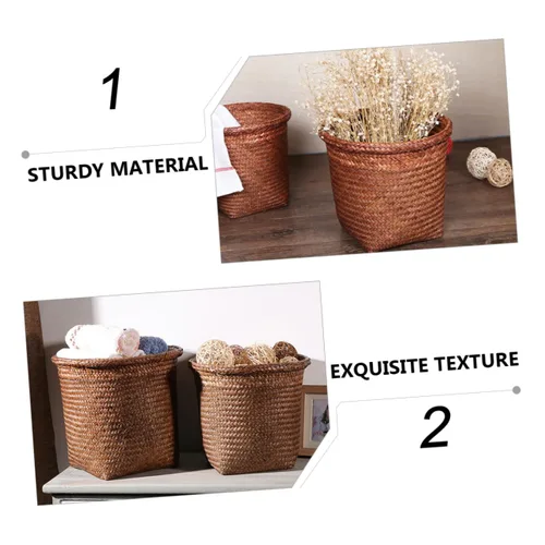 Vista 7 de Papelera de ratán tejida con paja, cesta de basura de oficina, diseño de paja natural, seguro y fácil de usar