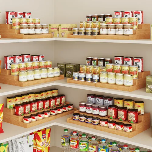Vista 7 de Organizador de latas de bambú expandible para despensa, soporte de almacenamiento de latas ajustable de 3 niveles, organizador de soda con capacidad