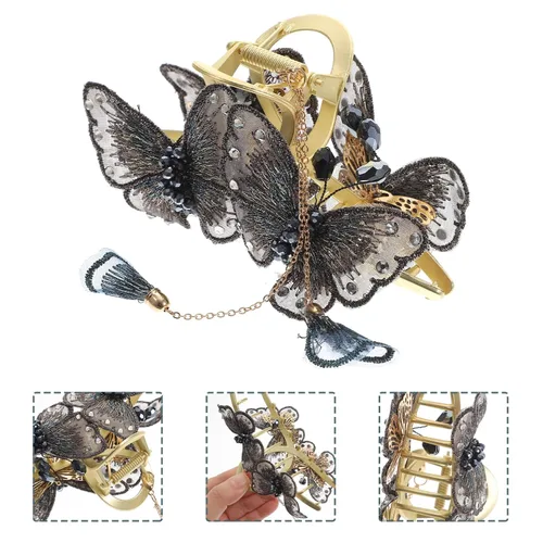 Vista 7 de FRCOLOR Pinzas de mariposa para el cabello, horquillas de metal grandes con borla de mariposa, diamantes de imitación con purpurina, pinzas