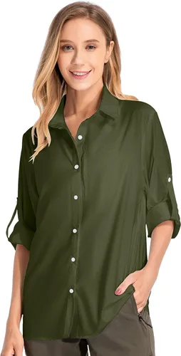 Vista 13 de Camisas de manga larga con protección solar UPF 50 para mujer, de secado rápido, para pesca al aire libre, senderismo, viajes 5019 Azul
