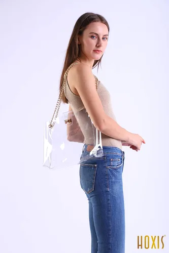 Vista 2 de Bolso tote de cadena transparente multifunción con bloqueo de giro para mujer