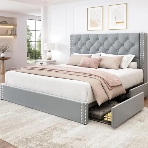 Vista 10 de LARMACE Base de cama tamaño matrimonial con 4 cajones de almacenamiento y cabecera copetada, base de cama tapizada en lino con listones de madera