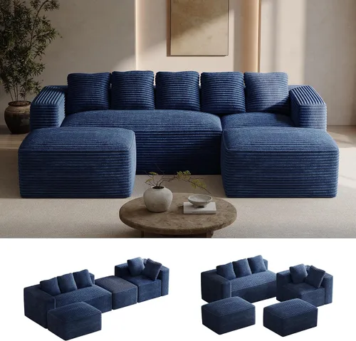 Vista 21 de ONEMMLION - Sofá grande sin hueso de 131 pulgadas con diván, color beige Corduroy, U-Shaped Modular Sectional Couch for Living Room, Memory Foam