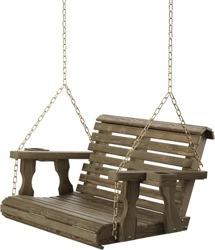 Vista 10 de Columpio Amish resistente para terraza (800 lb) con cadenas para colgar y posavasos Tinte negro semisólido