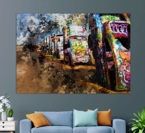 Vista 5 de Impresión en lienzo Cadillac Ranch, pintura Cadillac Ranch, arte de pared amarillo