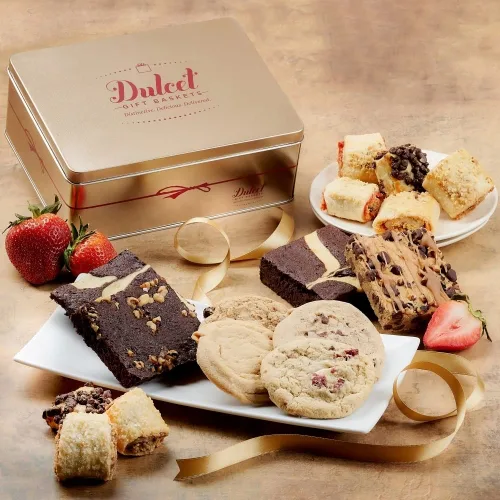 Vista 9 de Dulcet - Cesta de regalo gourmet con variedad de pasteles en una elegante caja de lata ensamblada, lata única de regalo para el padre para papá