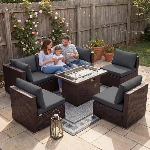Vista 38 de NICESOUL Juego de muebles de patio de ratán extra grande con mesa para fogata de gas y propano, 29.3 pulgadas, respaldo alto, cómodos conversaciones