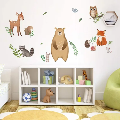 Vista 2 de decalmile Calcomanías de pared de hojas de animales del bosque, diseño de oso zorro, ciervo, decoración de pared para habitación de bebé, habitación