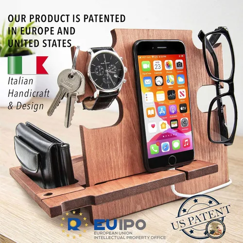 Vista 5 de Estación de acoplamiento para teléfono, soporte de reloj de madera, organizador de mesita de noche, regalos para él, gadgets para hombres, regalo