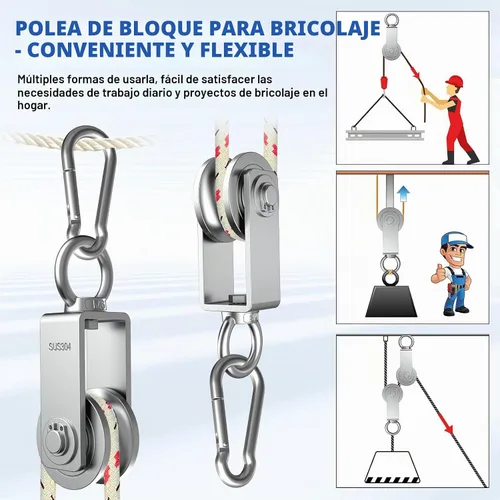 Vista 5 de Bloque de polea giratoria tipo U, poleas de acero inoxidable 304 para elevación de cable de cuerda de alambre, parte de equipo de gimnasio DIY