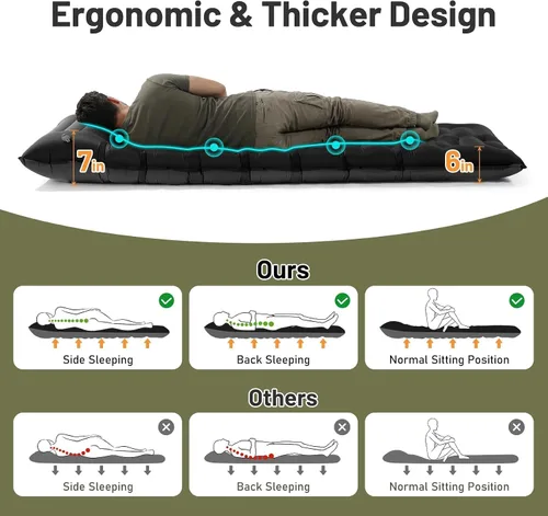 Vista 3 de KASBAH - Colchoneta de dormir inflable de 6 pulgadas de grosor con bomba de pie y almohada integradas, equipo de campamento ultraligero