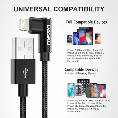 Vista 7 de Cargador corto para iPhone de 1 pie, 2 unidades [Certificado MFi], cable Lightning de 12 pulgadas de 90 grados, cable de carga de nailon trenzado