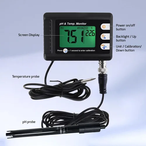 Vista 5 de Medidor digital combinado de pH y temperatura, termómetro de acuario, monitor de pH con función de calibración automática para laboratorio