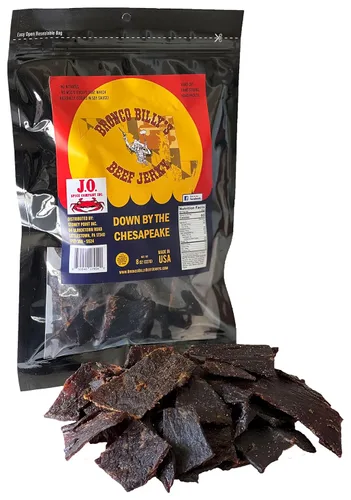 Vista 21 de Bolsa resellable de media libra de carne de res con sabor a bourbon Bronco Billy's Beef Jerky