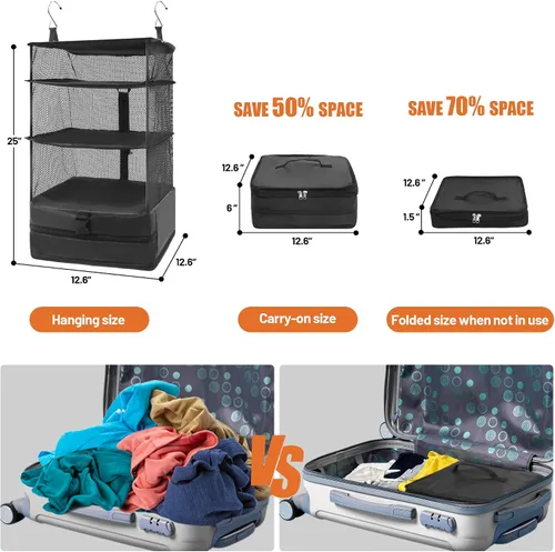 Vista 2 de Caroeas Estantes de viaje colgantes portátiles, bolsa organizadora de maleta, cubos de equipaje de mano para viajes, maleta de 3 estantes con 2