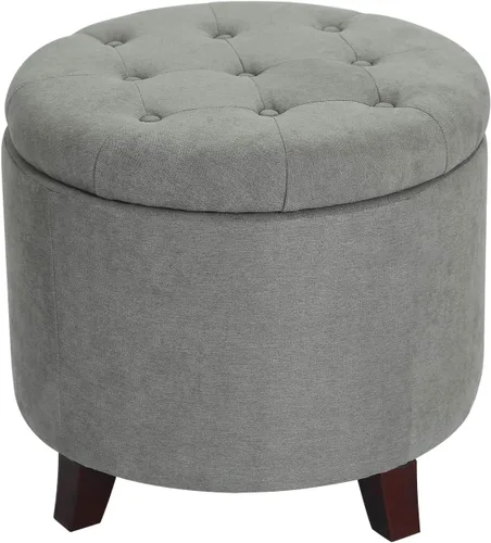 Vista 13 de Adeco Otomana redonda de almacenamiento, taburete tapizado para maquillaje, taburete de terciopelo para dormitorio, dormitorio beige