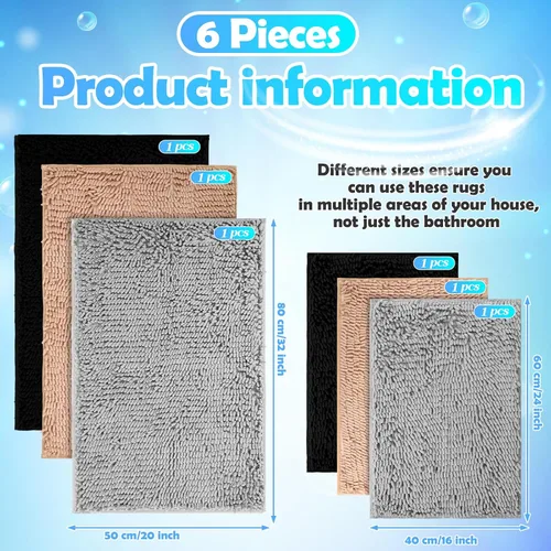 Vista 3 de Juego de 6 alfombras de baño de felpilla antideslizantes, alfombras de baño de felpa suave, absorbentes, juego de alfombras de baño peludas