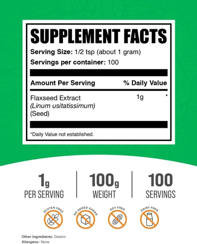 Vista 2 de BulkSupplements. com Polvo de extracto de linaza - Suplemento omega-3, polvo de linaza - Vegano y sin gluten, 0.04 oz por porción, 100 g (3.5 oz)