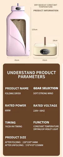 Vista 5 de Secadora de ropa portátil de 600 W, mini secadora de ropa eléctrica para ropa con bolsa de secadora, secadora portátil para apartamentos, RV, viajes
