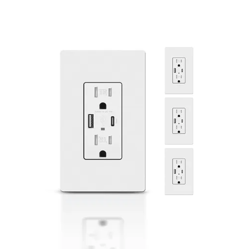 Vista 14 de TOPELER Toma de pared USB, receptáculo de cargador USB de 4.8 A con puertos tipo A y tipo C, enchufe dúplex de 15 amperios resistente a