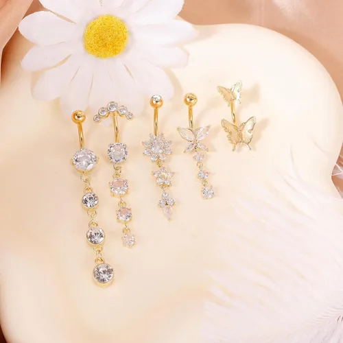 Vista 2 de REVOLIA 5 anillos de ombligo de acero quirúrgico de 14G para mujeres y niñas, anillo de ombligo curvado, circonita cúbica, mariposa, barra
