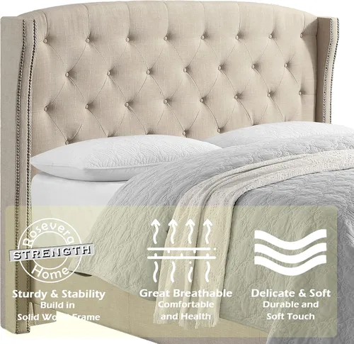 Vista 3 de Rosevera Essential - Base de cama de plataforma con cabecera capitoné tapizada de tela, soporte de listones de madera, fácil montaje, matrimonial