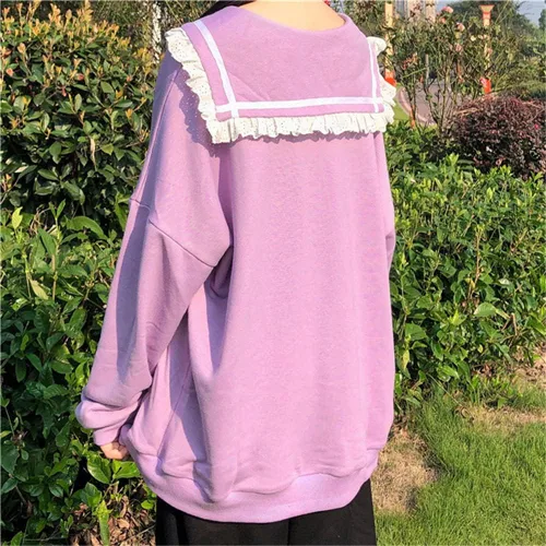 Vista 4 de BZB Kawaii Harajuku - Chaqueta de encaje japonesa para niñas, cuello marinero, con capucha, suéter dulce
