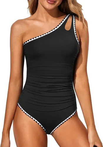 Vista 28 de Women's One Shoulder One Piece Tummy Control Swimsuit Full Coverage Diseño de ojo de cerradura, ajuste de cobertura completa, estilo modesto Negro
