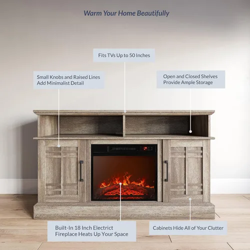 Vista 3 de BELLEZE Mueble TV, 48 pulgadas, con chimenea eléctrica funcional de 18 pulgadas, moderno, para TV de máx. 50 pulgadas, estantes abiertos y armarios