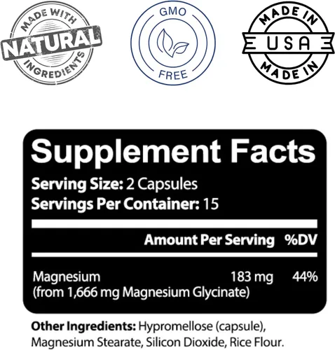 Vista 3 de Kaya Naturals Glicinato de magnesio 183 mg por cápsula, quelado para una máxima absorción, sin OMG, sin gluten, lácteos y soja, apoya la salud