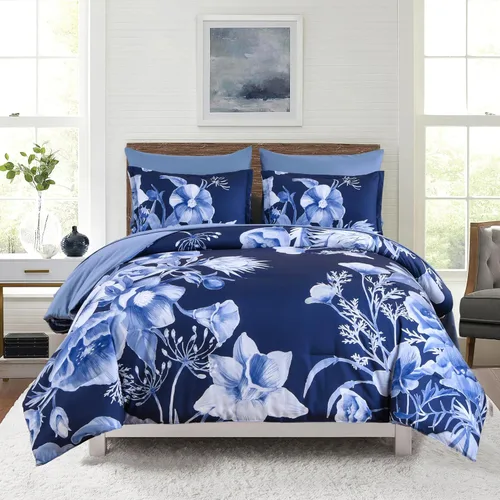 Vista 26 de Luxudecor Juego de edredón floral tamaño individual de 7 piezas, cama de flores aguamarina en una bolsa, elegante edredón floral degradado con juego