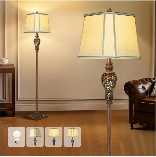 Vista 12 de LuxSight Collection Lámpara de pie rústica de 65 pulgadas de alto con pantalla de tela de lino de esquina de corte de luz nocturna, lámpara de pie