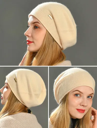 Vista 6 de jaxmonoy Gorro de punto holgado de cachemira para mujer, gorro de invierno suave y cálido de lana para mujer