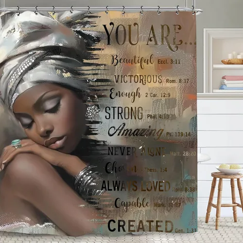 Vista 2 de Cortina de ducha inspiradora afroamericana de 60 pulgadas de ancho por 71 pulgadas de alto, con citas motivacionales positivas de la Biblia, tela