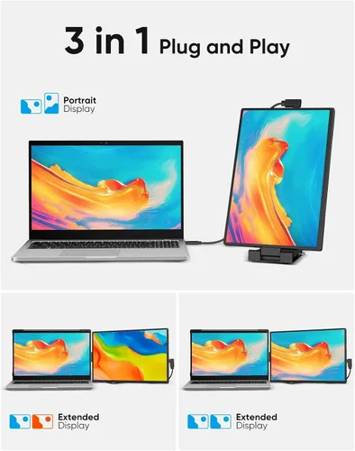 Vista 6 de Extensor de pantalla para laptop, monitor portátil externo FHD 1200P IPS de 14 pulgadas para laptop, monitor de pantalla dual Plug & Play