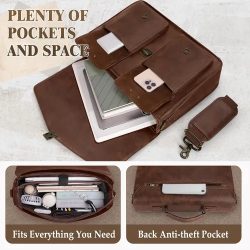 Vista 5 de RAINSMORE Bolsa de mensajero para hombre de 17 pulgadas, maletín para computadora portátil, impermeable, de cuero, para trabajo, oficina, viajes