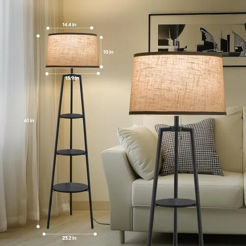 Vista 5 de EOEYYOYB Lámparas de pie con estante de 3 niveles para sala de estar, lámpara de pie moderna con bombilla LED de 3 temperaturas de color, lámparas