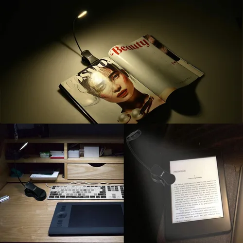 Vista 7 de Luz de libro recargable: luz LED de libro con clip para leer en la cama, ajustable de 3 colores y 3 brillos - Lámpara de lectura para el cuidado
