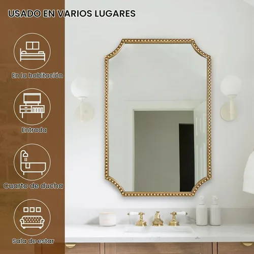 Vista 5 de Espejo de pared de 24 x 36 pulgadas, espejo decorativo rectangular de esquinas festoneadas, marco de cuentas de metal, decoración de pared para Oro